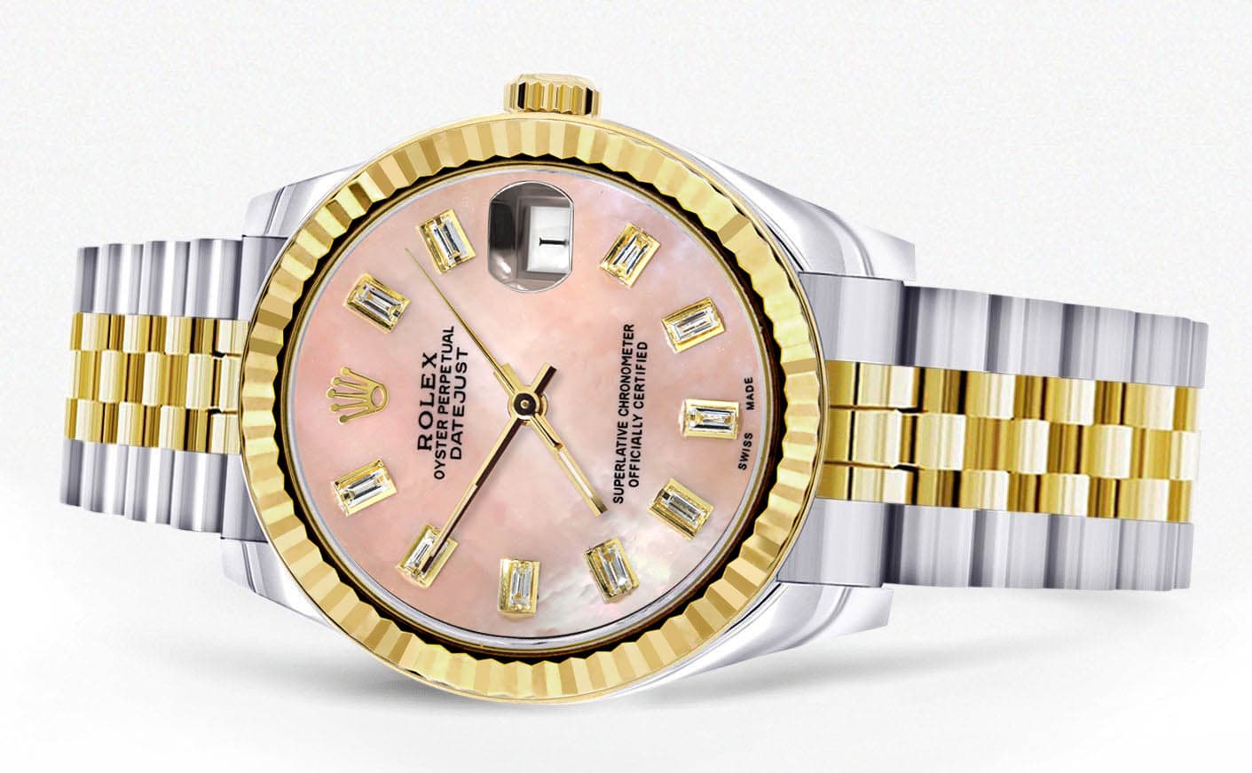 Diamond Gold Rolex Watch | 68273 | Fluted Bezel | 31MM | Pink Mother of Pearl Diamond Dial | Jubilee Band - Image 2