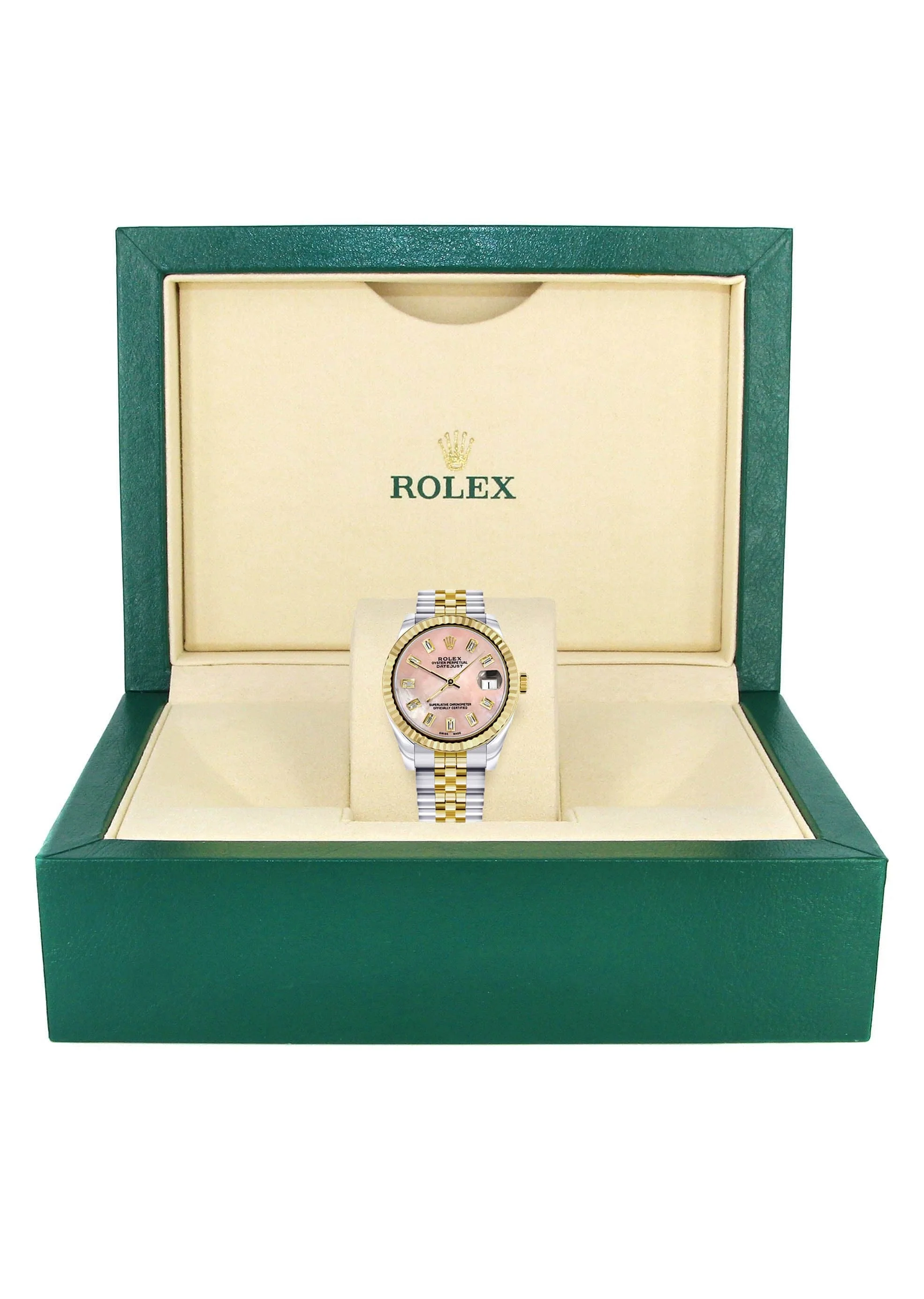 Diamond Gold Rolex Watch | 68273 | Fluted Bezel | 31MM | Pink Mother of Pearl Diamond Dial | Jubilee Band - Image 3