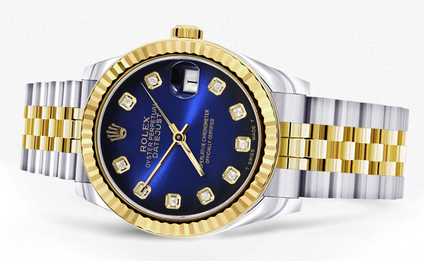 Diamond Gold Rolex Watch | 68273 | Fluted Bezel | 31MM | Blue Black Diamond Dial | Jubilee Band - Image 2