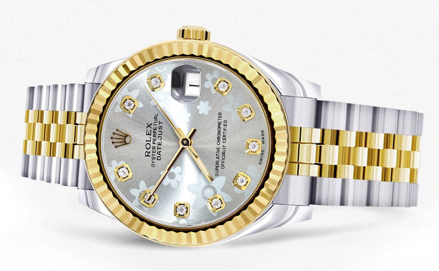 Diamond Gold Rolex Watch | 68273 | Fluted Bezel | 31MM | Floral Diamond Dial | Jubilee Band - Image 2