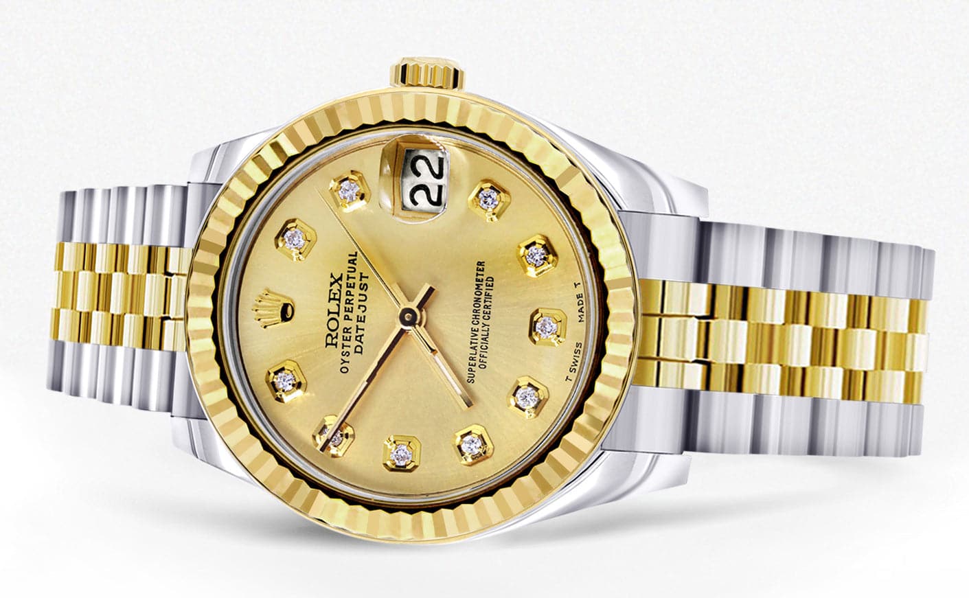 Diamond Gold Rolex Watch | 68273 | Fluted Bezel | 31MM | Gold Diamond Dial | Jubilee Band - Image 2