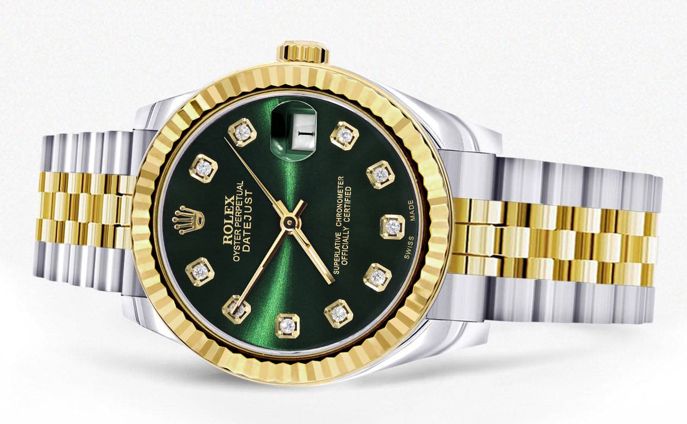 Diamond Gold Rolex Watch | 68273 | Fluted Bezel | 31MM | Green Diamond Dial | Jubilee Band - Image 2