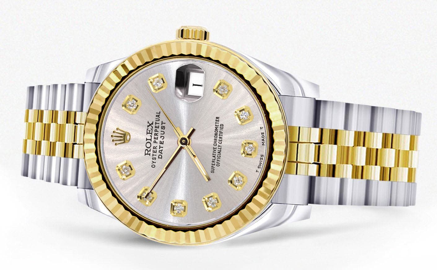 Diamond Gold Rolex Watch | 68273 | Fluted Bezel | 31MM | Grey Diamond Dial | Jubilee Band - Image 2