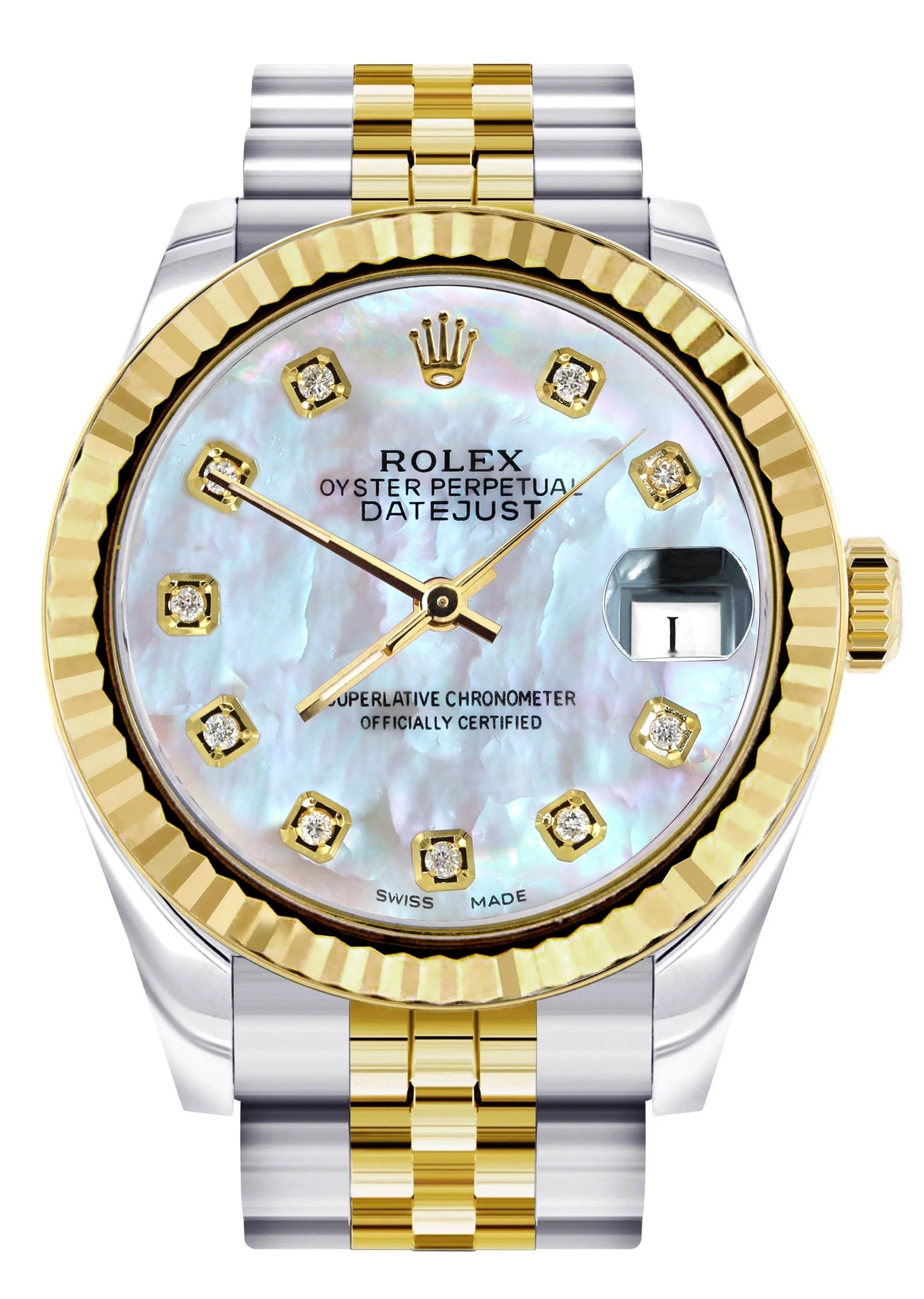Diamond Gold Rolex Watch | 68273 | Fluted Bezel | 31MM | Mother of Pearl Diamond Dial | Jubilee Band
