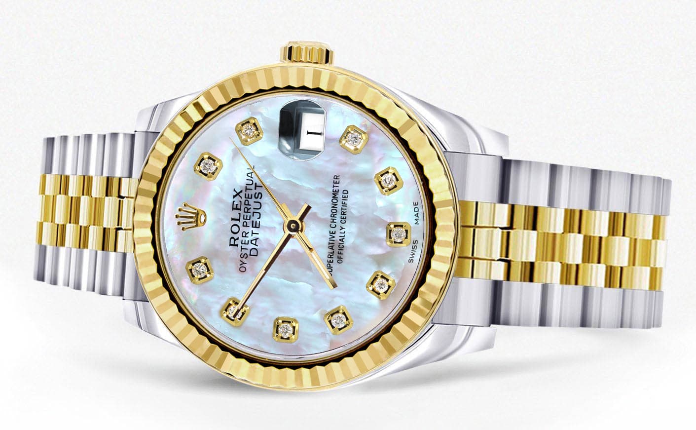 Diamond Gold Rolex Watch | 68273 | Fluted Bezel | 31MM | Mother of Pearl Diamond Dial | Jubilee Band - Image 2