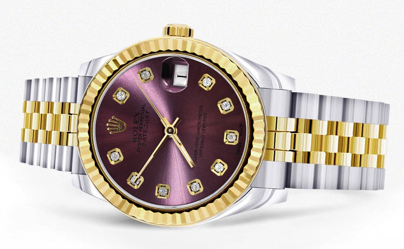 Diamond Gold Rolex Watch | 68273 | Fluted Bezel | 31MM | Purple Diamond Dial | Jubilee Band - Image 2