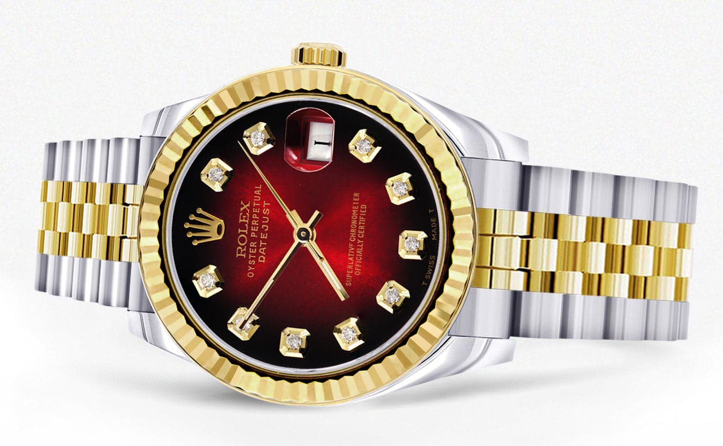 Diamond Gold Rolex Watch | 68273 | Fluted Bezel | 31MM | Red Black Diamond Dial | Jubilee Band - Image 2