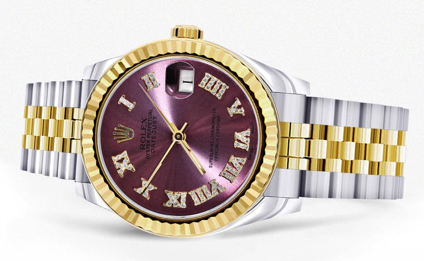 Diamond Gold Rolex Watch | 68273 | Fluted Bezel | 31MM | Purple Roman Numeral Diamond Dial | Jubilee Band - Image 2