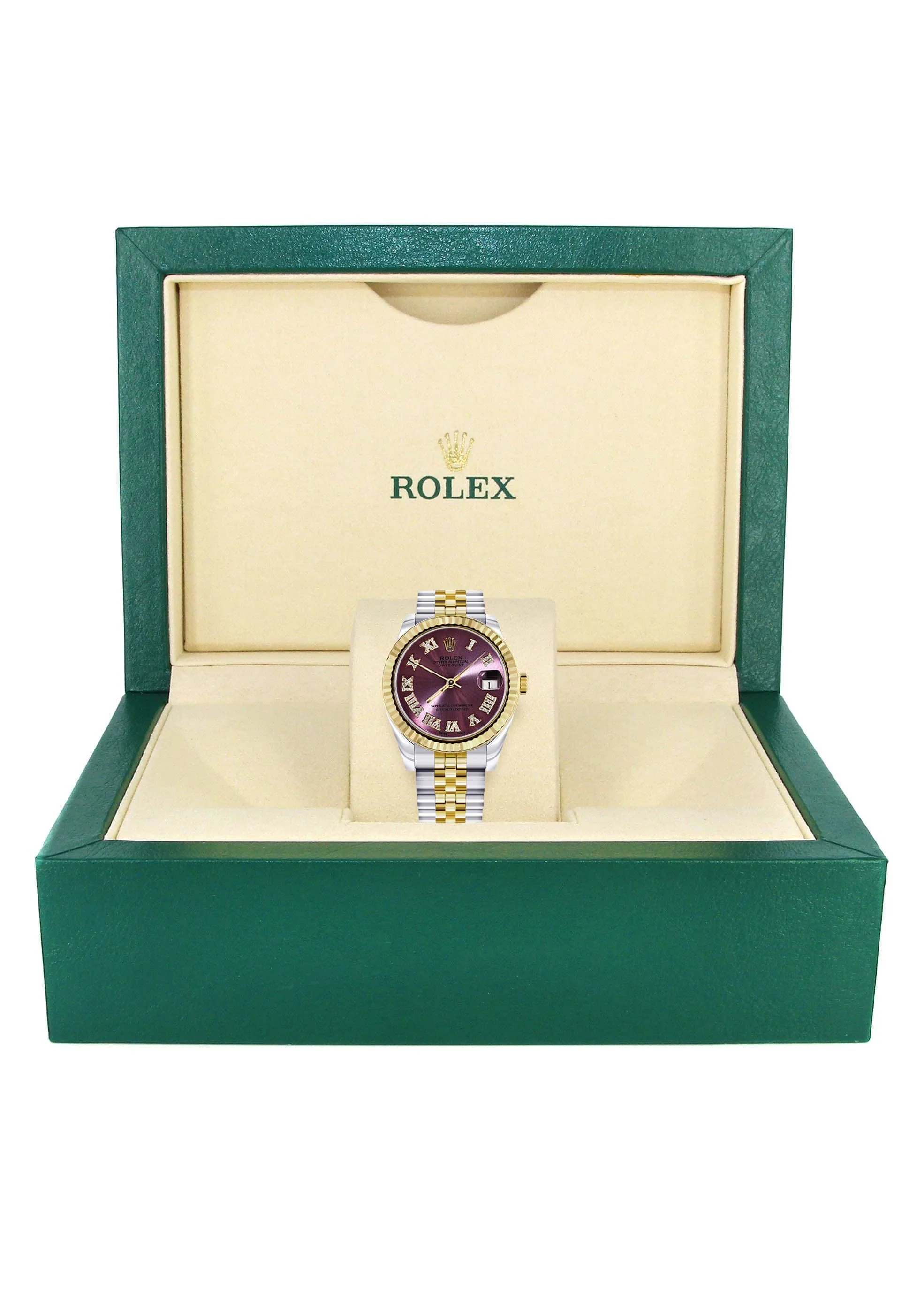 Diamond Gold Rolex Watch | 68273 | Fluted Bezel | 31MM | Purple Roman Numeral Diamond Dial | Jubilee Band - Image 3