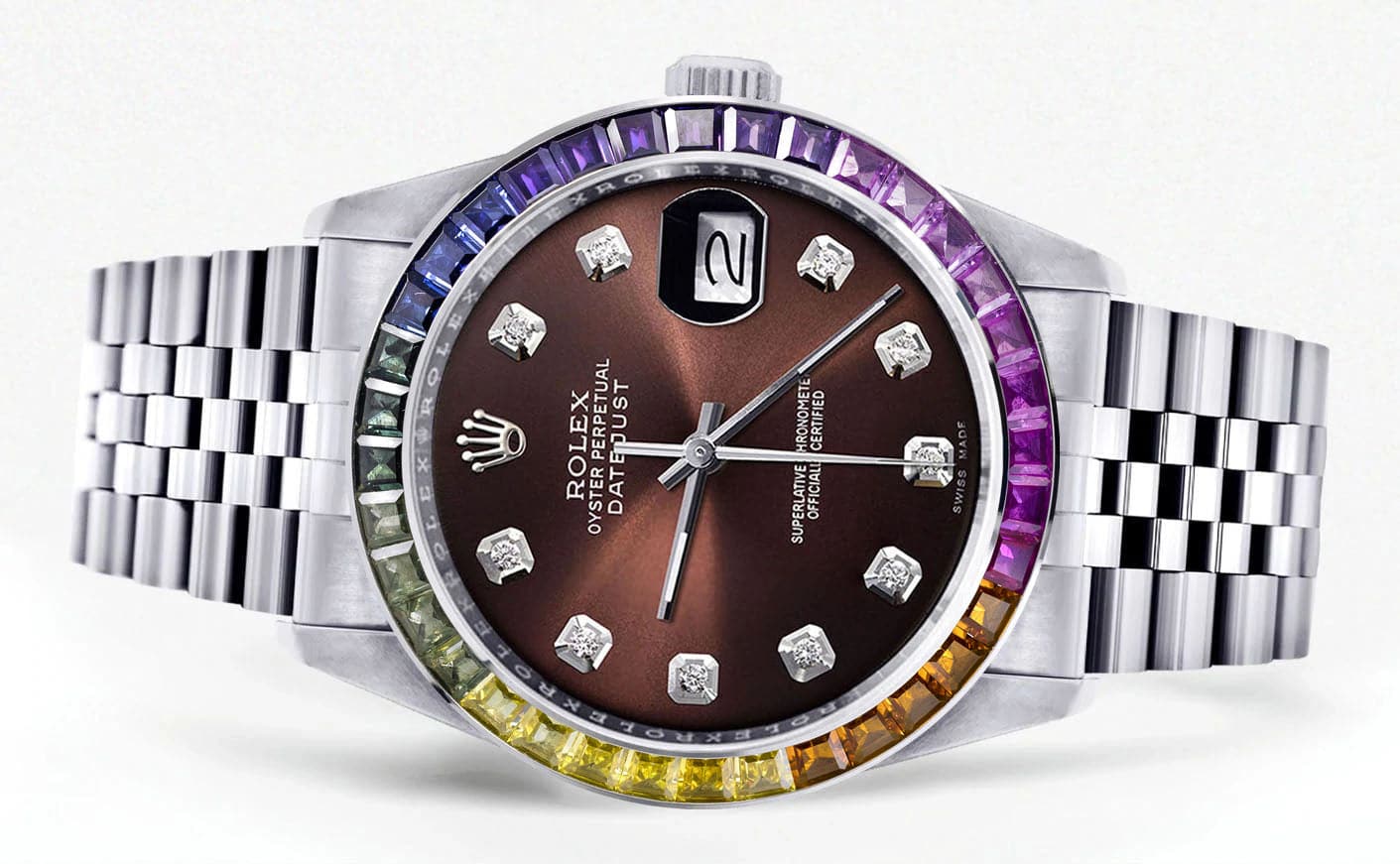 Diamond Gold Rolex Watch For Men 16200 | 36Mm | Rainbow Sapphire Bezel | Chocolate Dial | Jubilee Band - Image 2