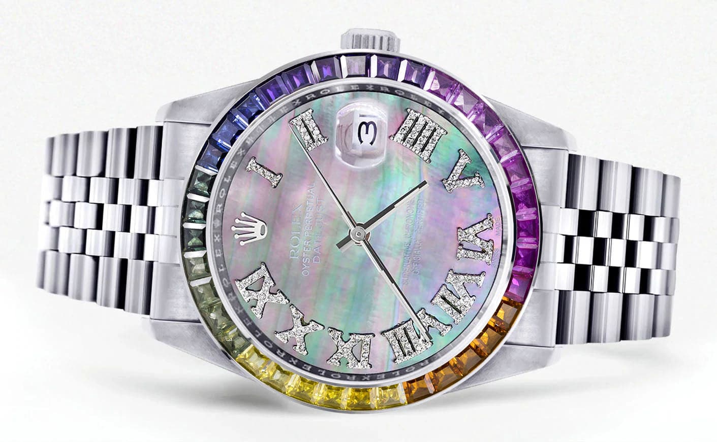 Diamond Gold Rolex Watch For Men 16200 | 36Mm | Rainbow Sapphire Bezel | Dark Mother Of Pearl Roman Numeral Dial | Jubilee Band - Image 2