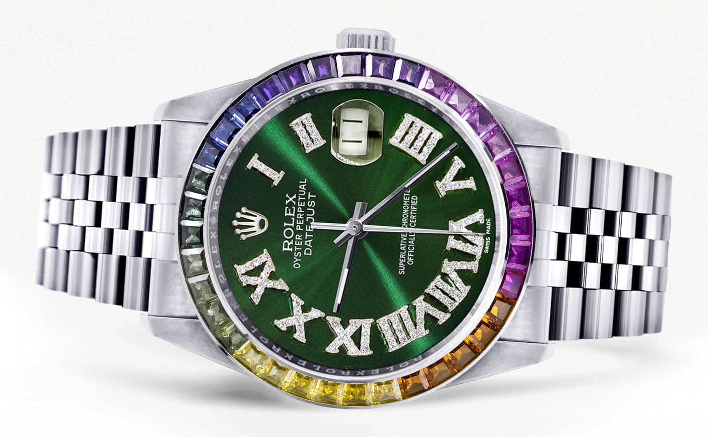 Diamond Gold Rolex Watch For Men 16200 | 36Mm | Rainbow Sapphire Bezel | Green Roman Numeral Dial | Jubilee Band - Image 2
