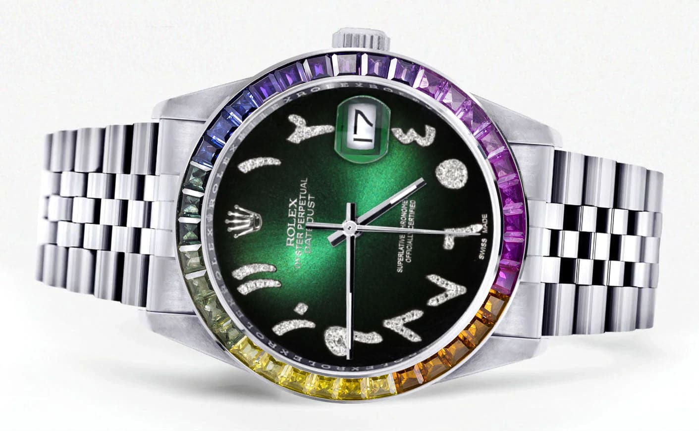 Diamond Gold Rolex Watch For Men 16200 | 36Mm | Rainbow Sapphire Bezel | Green Black Arabic Numeral Dial | Jubilee Band - Image 2