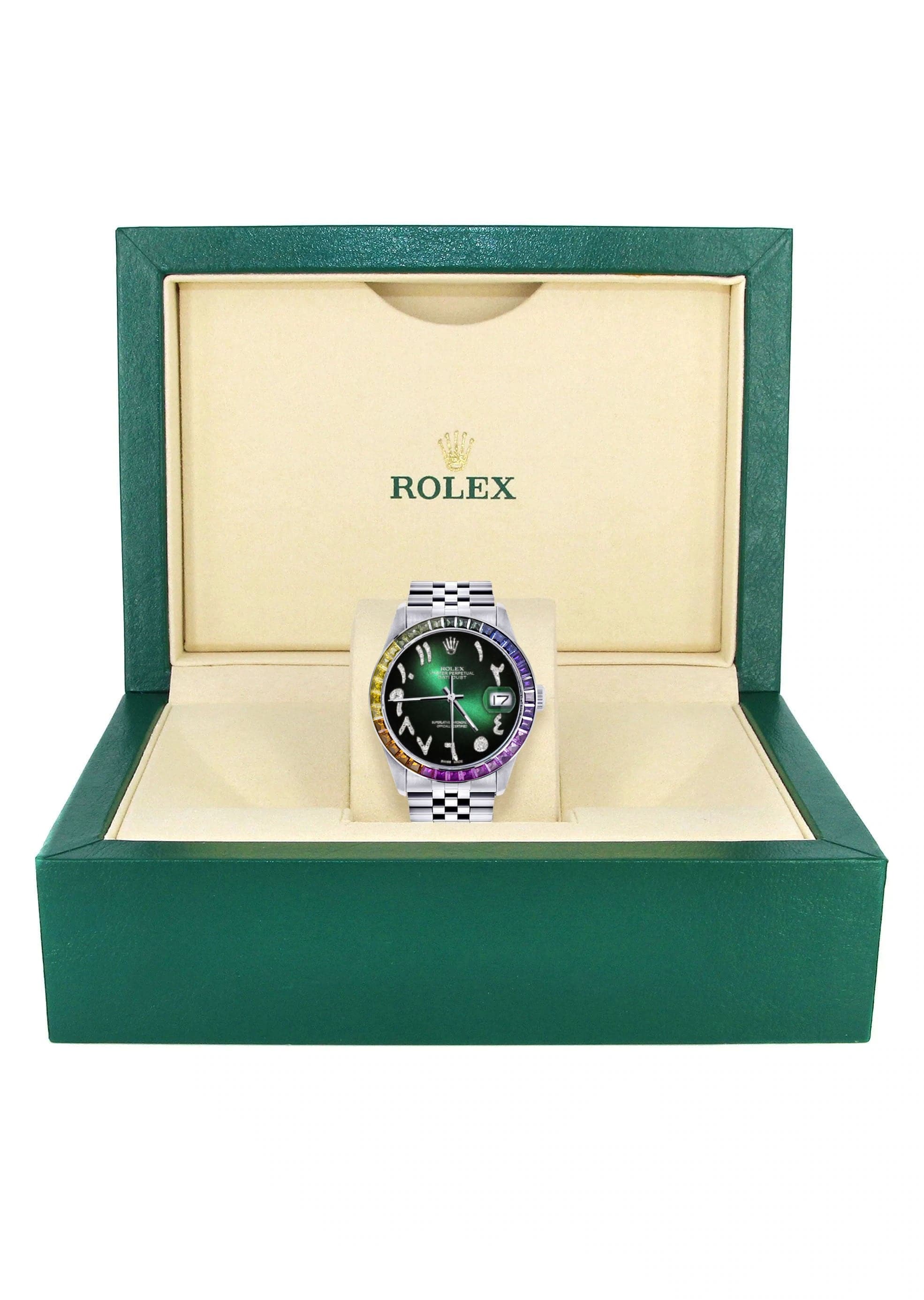 Diamond Gold Rolex Watch For Men 16200 | 36Mm | Rainbow Sapphire Bezel | Green Black Arabic Numeral Dial | Jubilee Band - Image 4