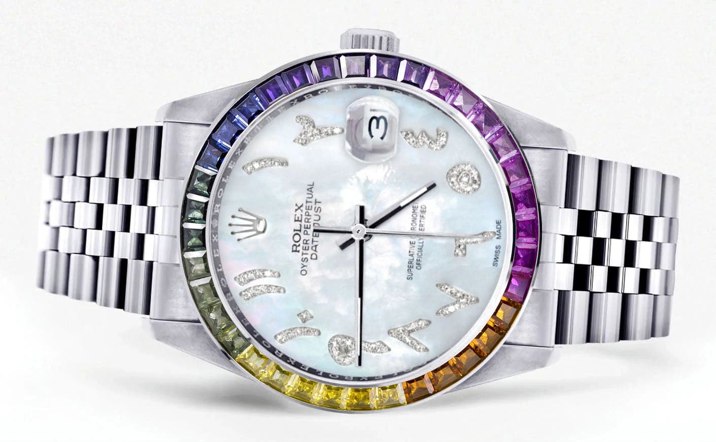 Diamond Gold Rolex Watch For Men 16200 | 36Mm | Rainbow Sapphire Bezel | Mother Of Pearl Arabic Numeral Dial | Jubilee Band - Image 2