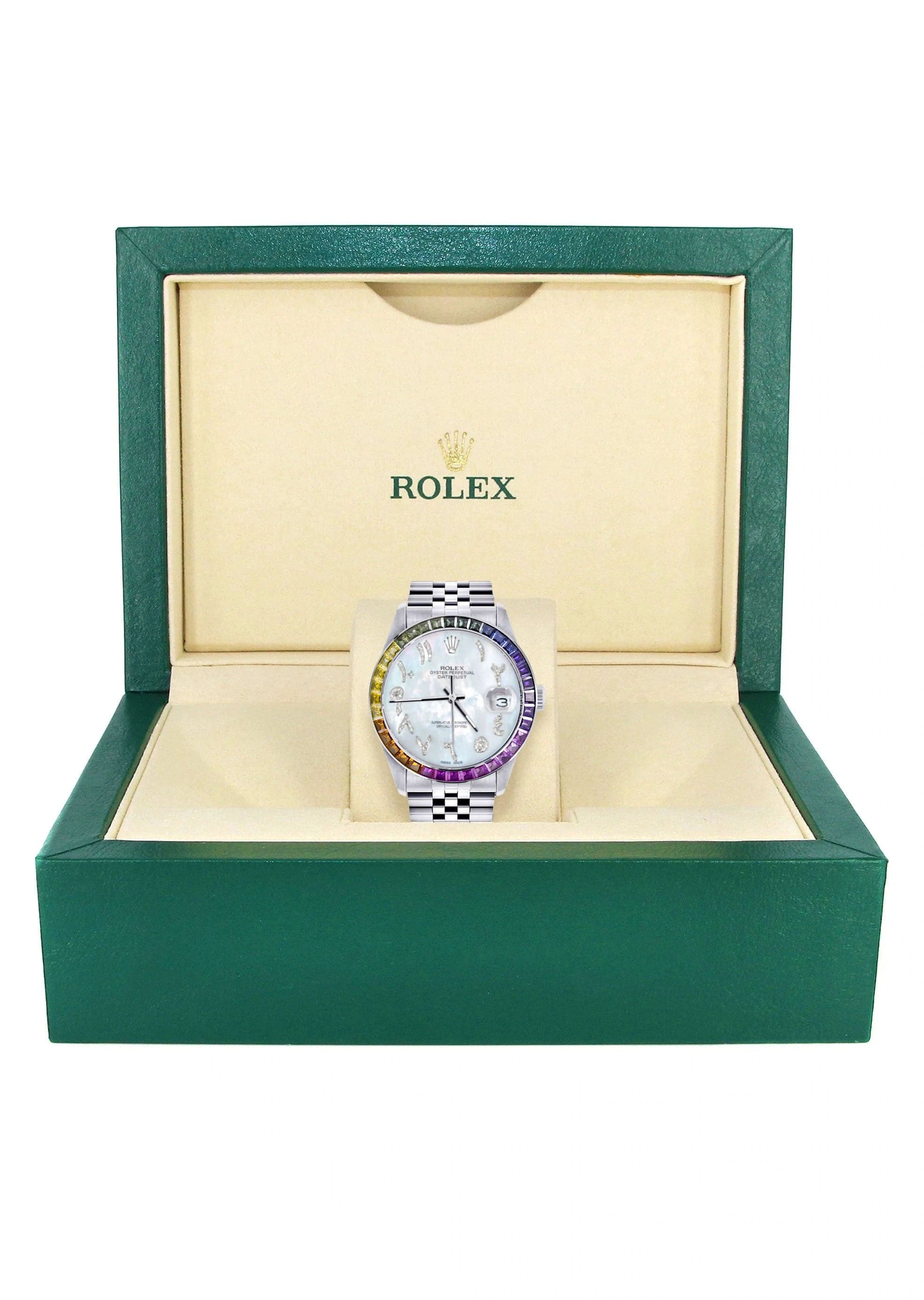 Diamond Gold Rolex Watch For Men 16200 | 36Mm | Rainbow Sapphire Bezel | Mother Of Pearl Arabic Numeral Dial | Jubilee Band - Image 4