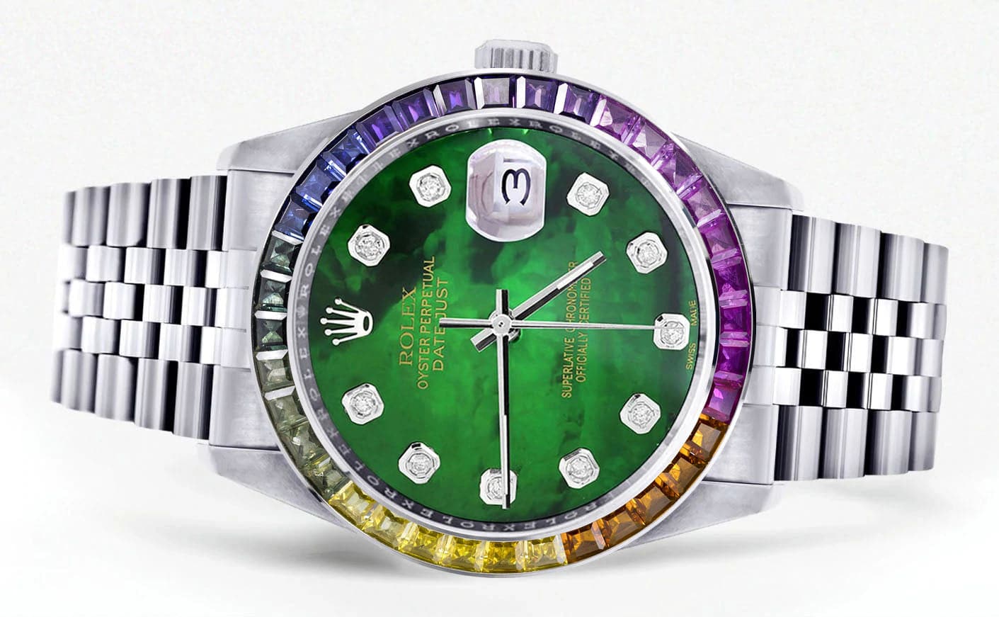Diamond Gold Rolex Watch For Men 16200 | 36Mm | Rainbow Sapphire Bezel | Green Mother Of Pearl Dial | Jubilee Band - Image 2