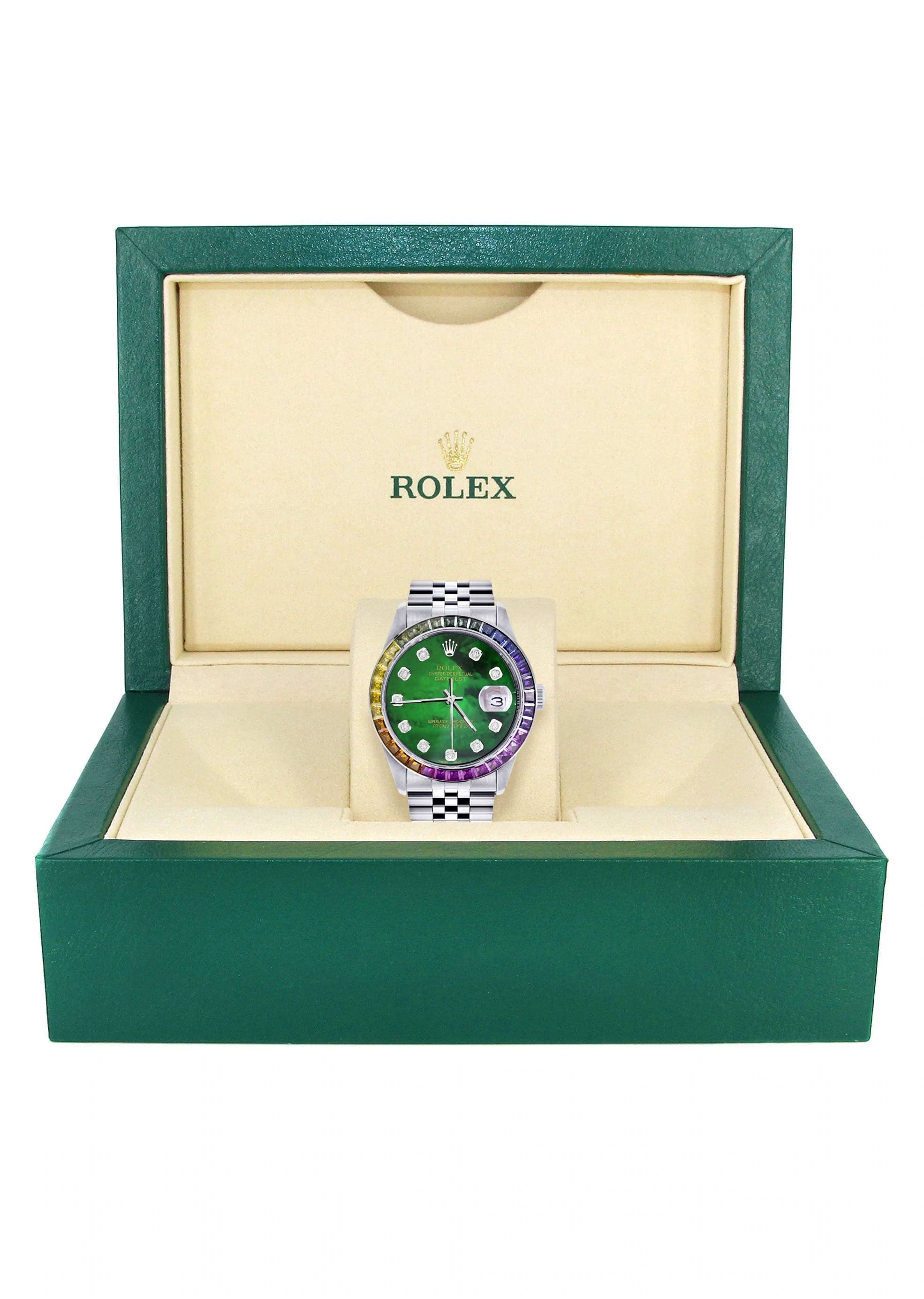 Diamond Gold Rolex Watch For Men 16200 | 36Mm | Rainbow Sapphire Bezel | Green Mother Of Pearl Dial | Jubilee Band - Image 4