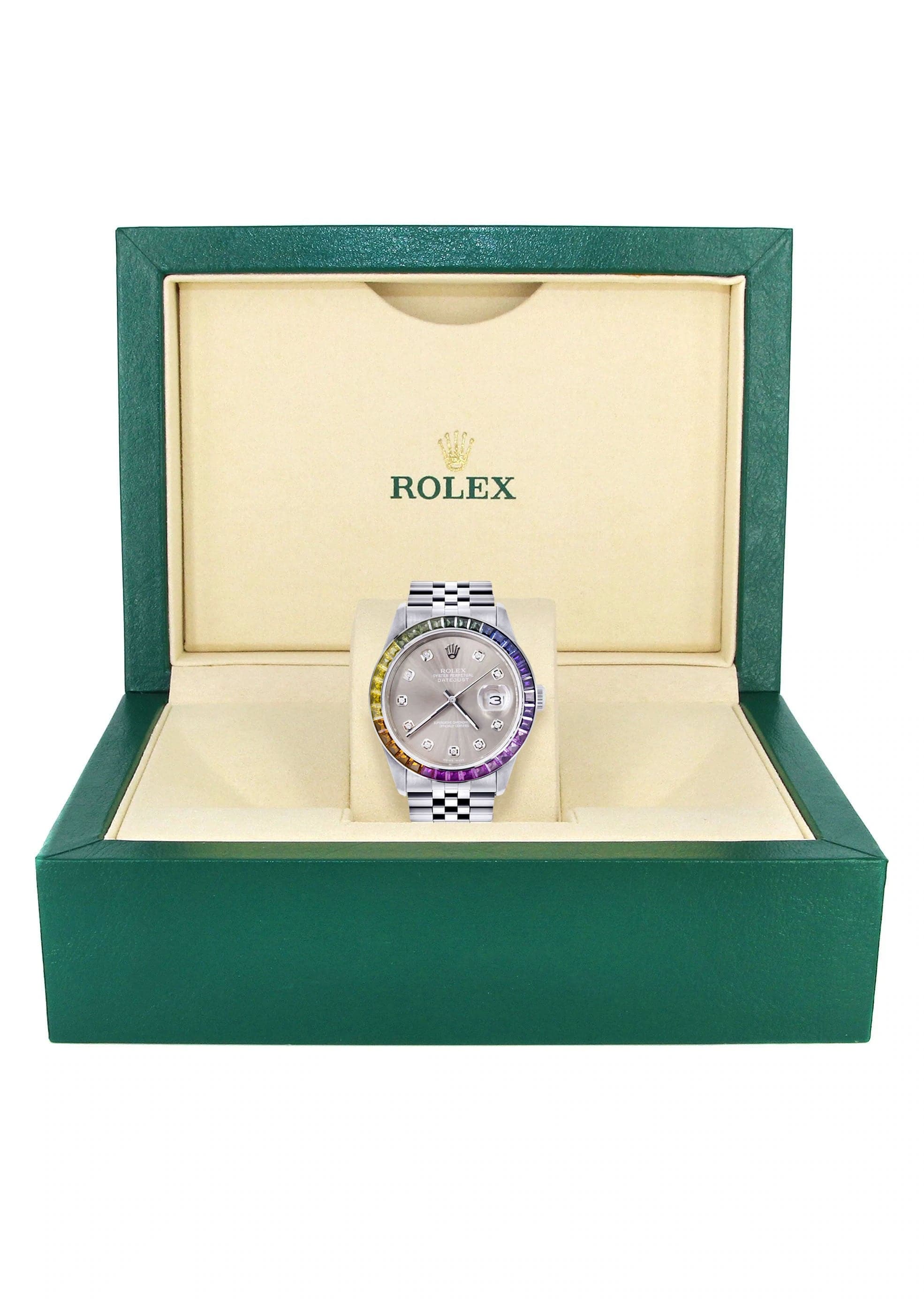 Diamond Gold Rolex Watch For Men 16200 | 36Mm | Rainbow Sapphire Bezel | Grey Dial | Jubilee Band - Image 4