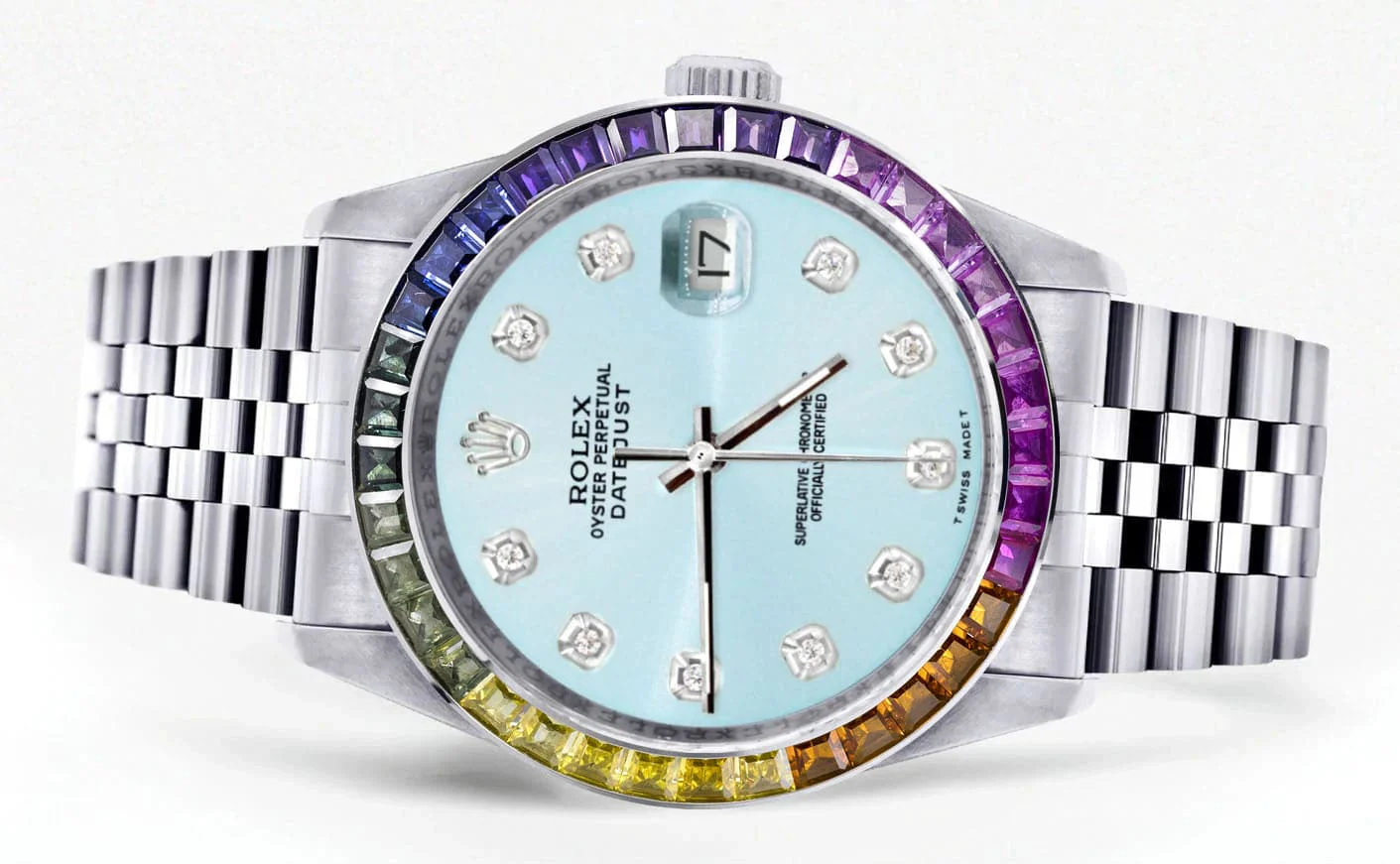 Diamond Gold Rolex Watch For Men 16200 | 36Mm | Rainbow Sapphire Bezel | Light Blue Dial | Jubilee Band - Image 2