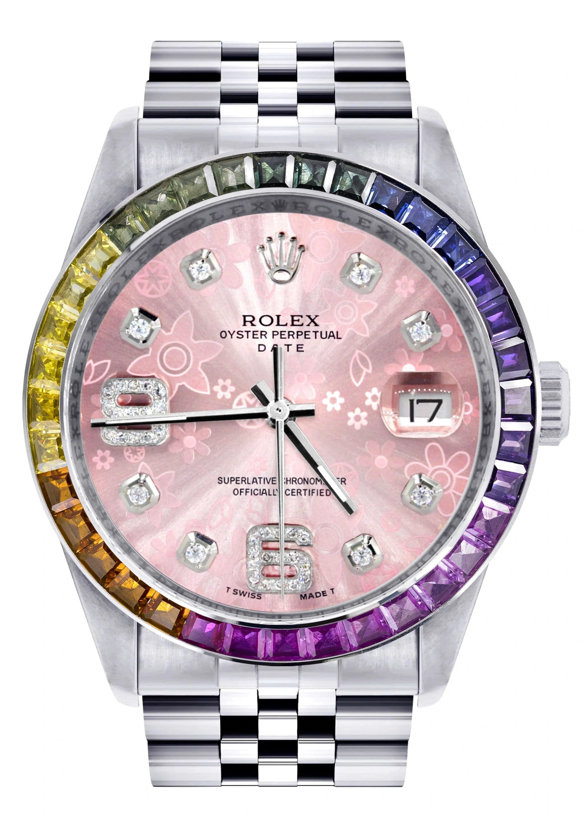 Diamond Gold Rolex Watch For Men 16200 | 36Mm | Rainbow Sapphire Bezel | Pink Flower Diamond Dial | Jubilee Band