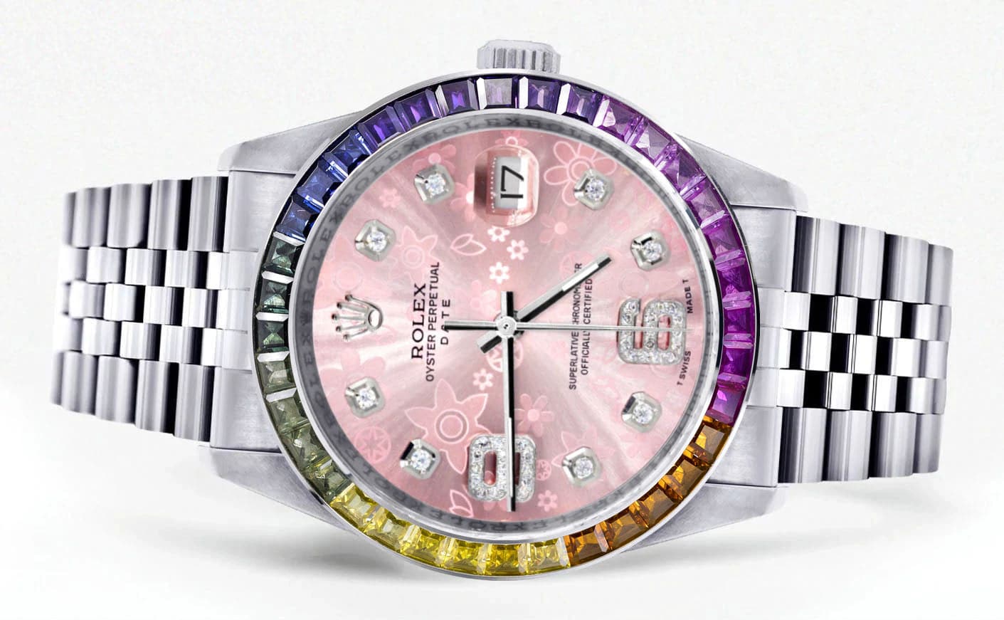 Diamond Gold Rolex Watch For Men 16200 | 36Mm | Rainbow Sapphire Bezel | Pink Flower Diamond Dial | Jubilee Band - Image 2
