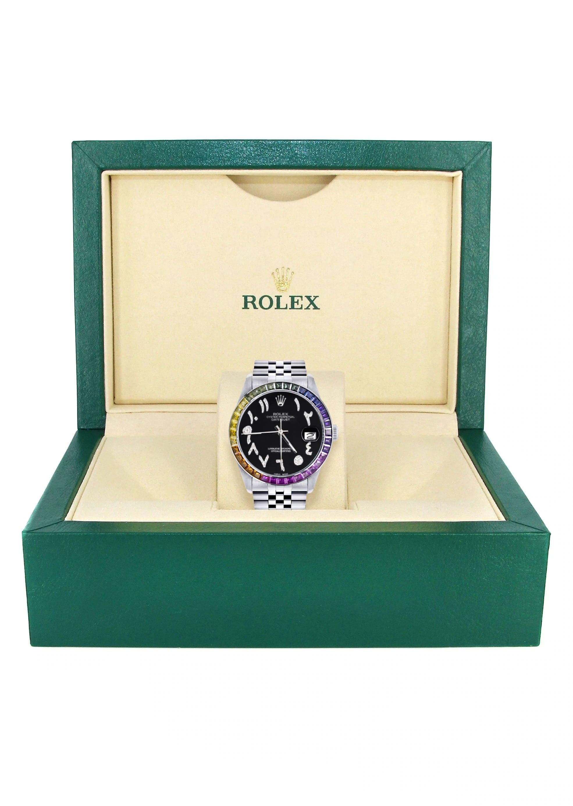 Diamond Gold Rolex Watch For Men 16200 | 36Mm | Rainbow Sapphire Bezel | Black Arabic Numeral Dial | Jubilee Band - Image 4