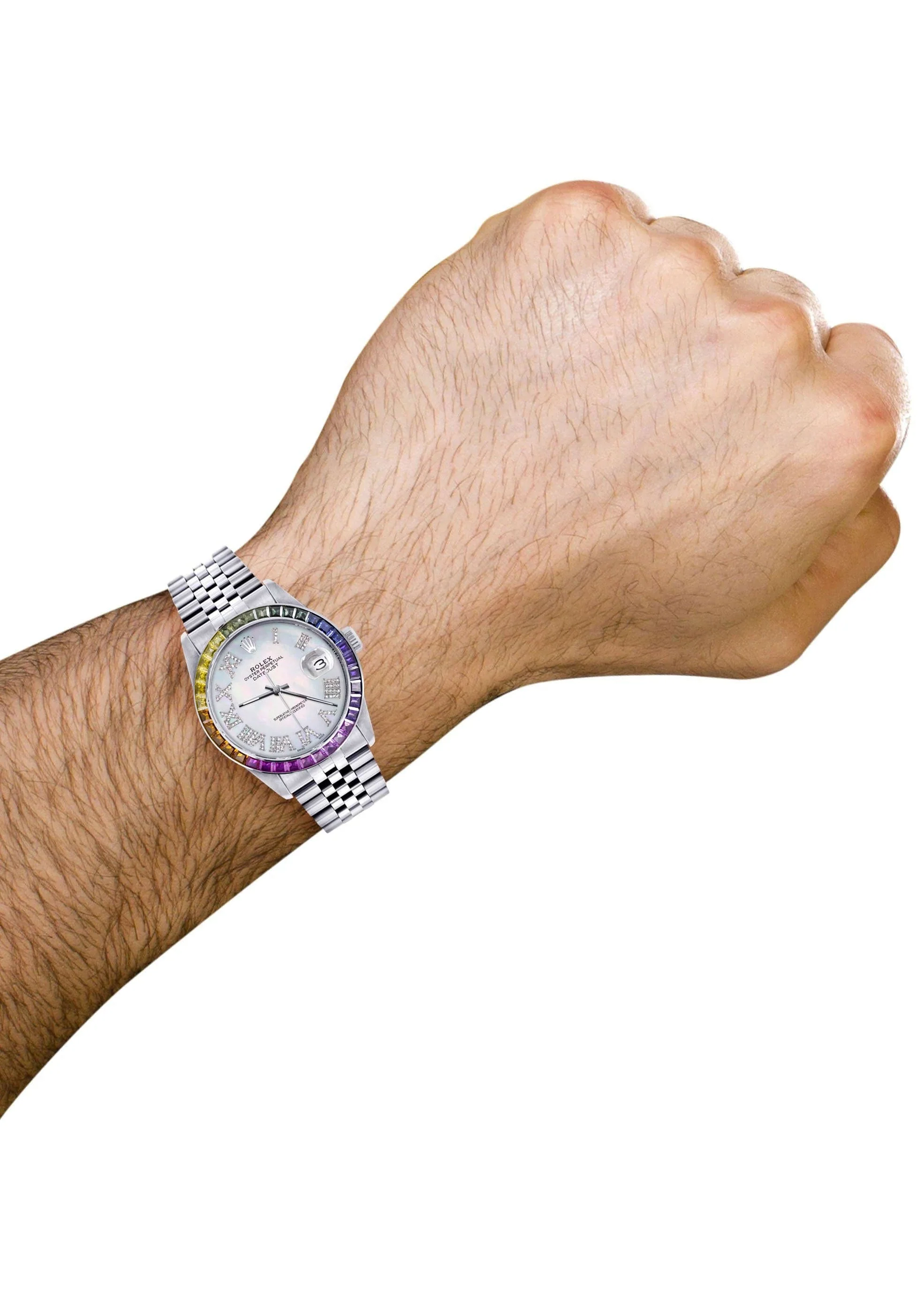 Diamond Gold Rolex Watch For Men 16200 | 36Mm | Rainbow Sapphire Bezel | Light Mother Of Pearl Roman Numeral Dial | Jubilee Band - Image 3