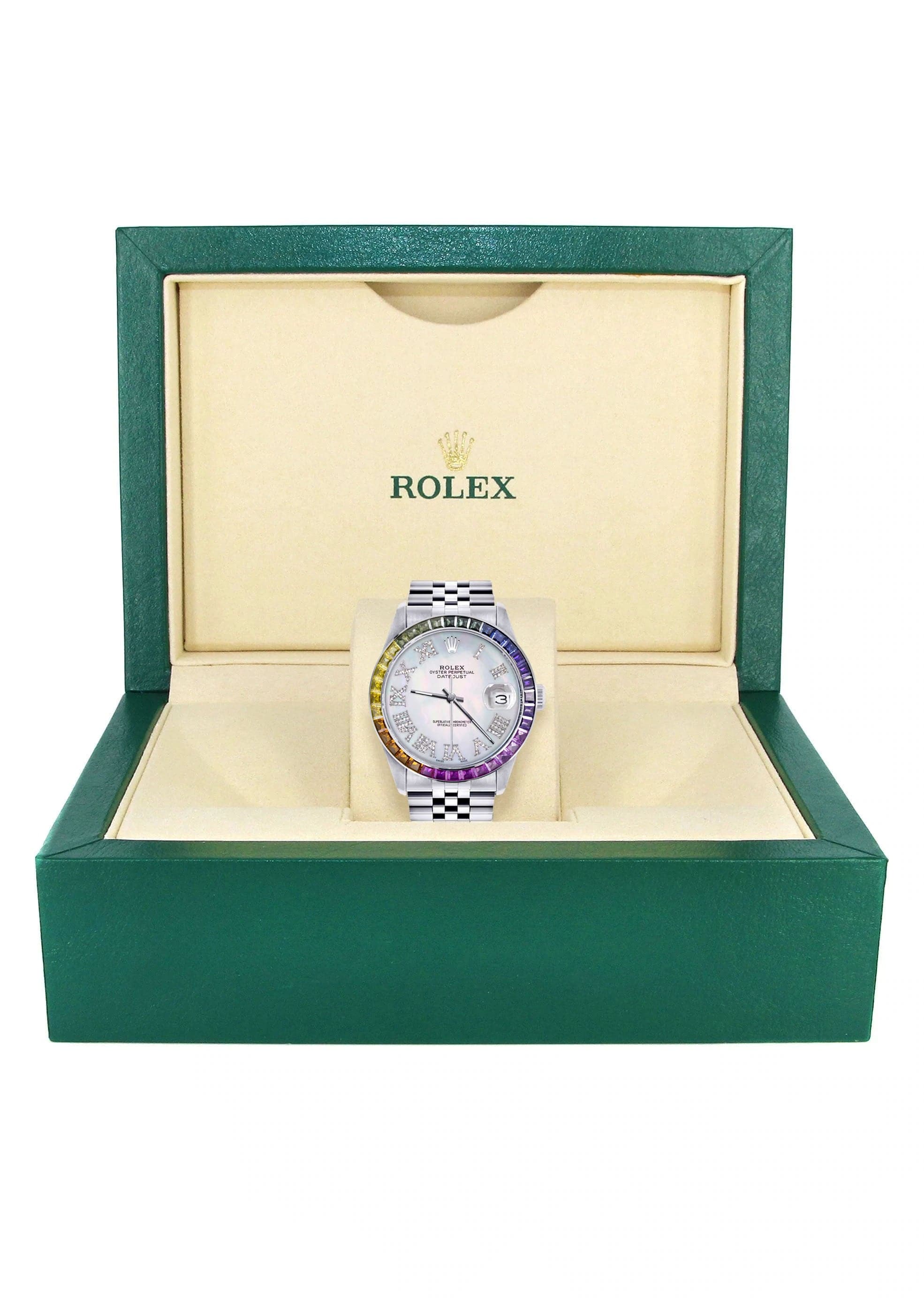 Diamond Gold Rolex Watch For Men 16200 | 36Mm | Rainbow Sapphire Bezel | Light Mother Of Pearl Roman Numeral Dial | Jubilee Band - Image 4