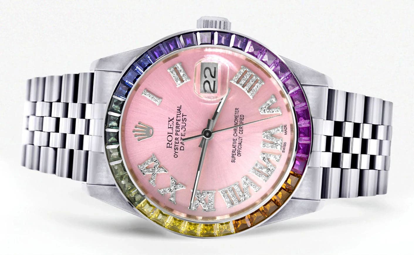 Diamond Gold Rolex Watch For Men 16200 | 36Mm | Rainbow Sapphire Bezel | Pink Roman Numeral Dial | Jubilee Band - Image 2