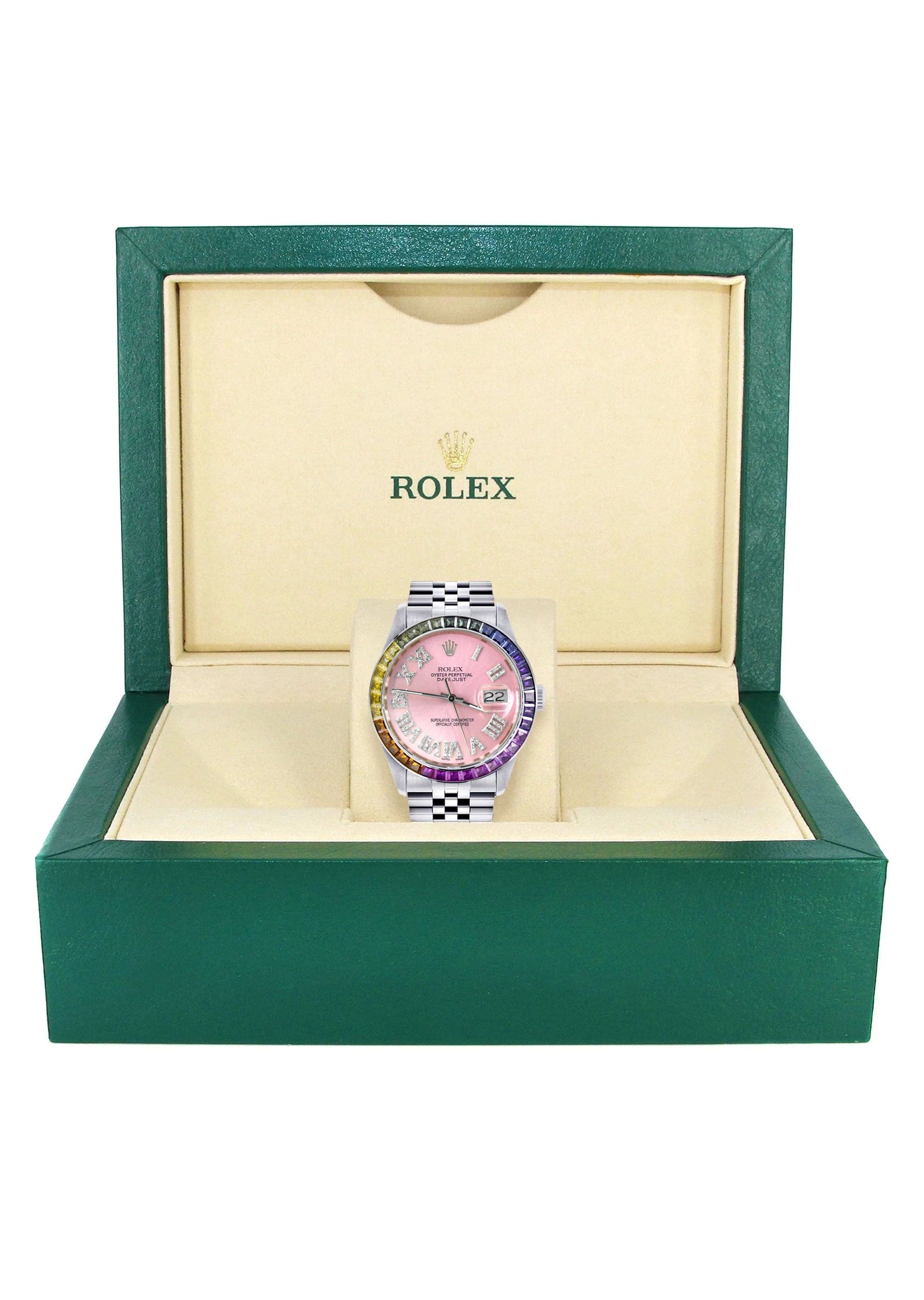 Diamond Gold Rolex Watch For Men 16200 | 36Mm | Rainbow Sapphire Bezel | Pink Roman Numeral Dial | Jubilee Band - Image 4