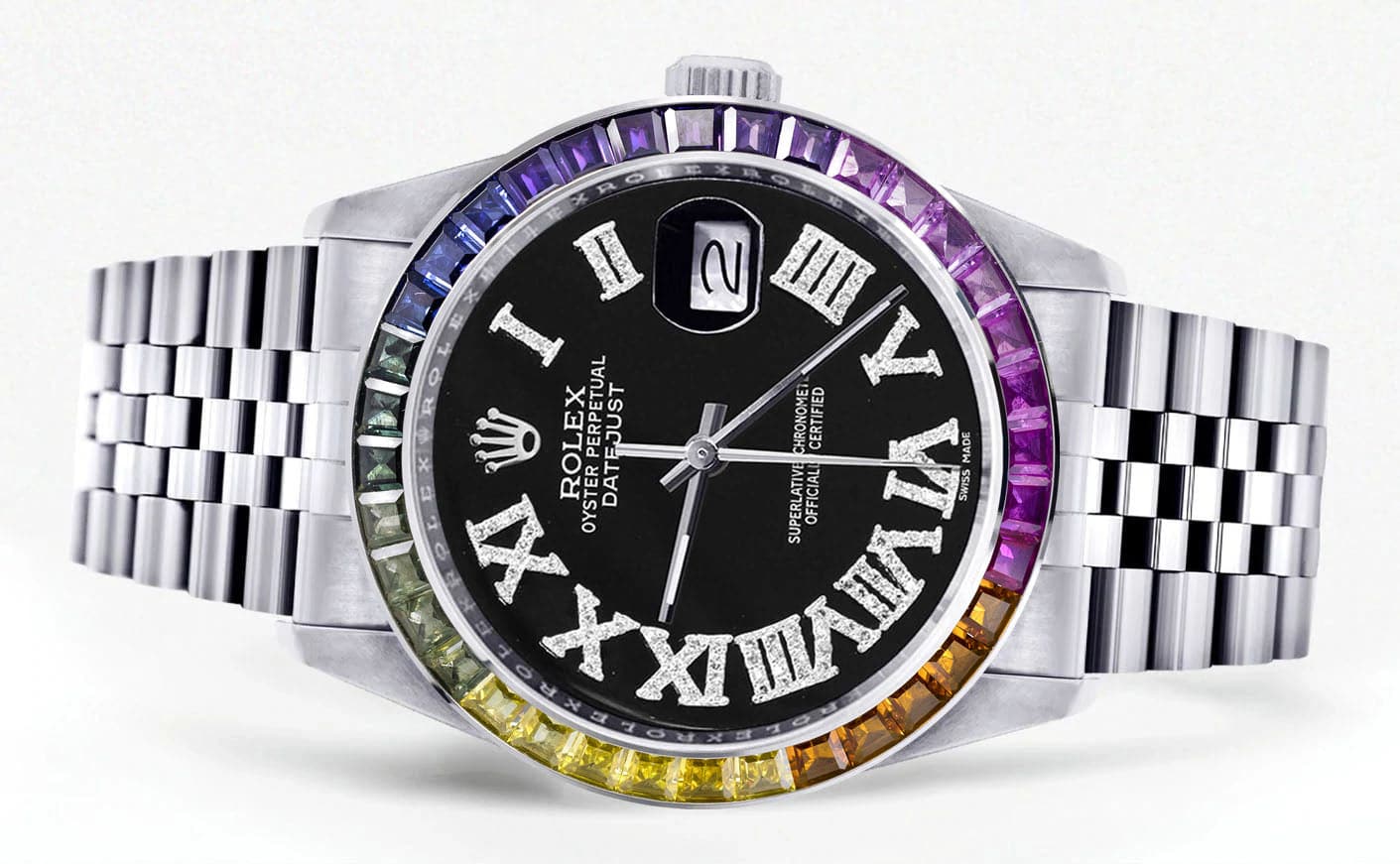 Diamond Gold Rolex Watch For Men 16200 | 36Mm | Rainbow Sapphire Bezel | Black Roman Numeral Dial | Jubilee Band - Image 2