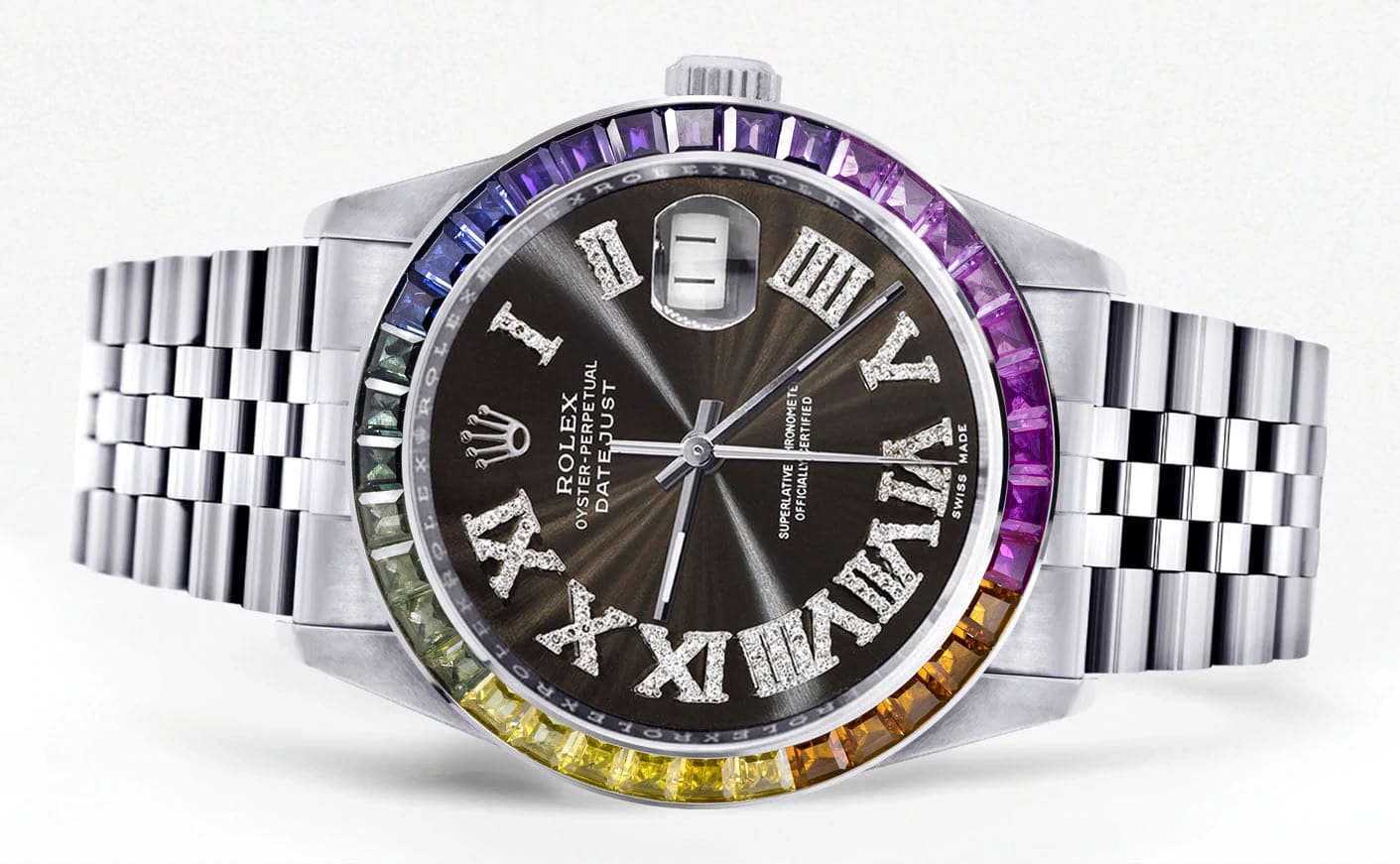 Diamond Gold Rolex Watch For Men 16200 | 36Mm | Rainbow Sapphire Bezel | Brown Roman Numeral Dial | Jubilee Band - Image 2