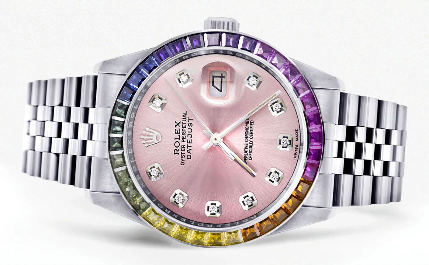 Diamond Gold Rolex Watch For Men 16200 | 36Mm | Rainbow Sapphire Bezel | Pink Dial | Jubilee Band - Image 2