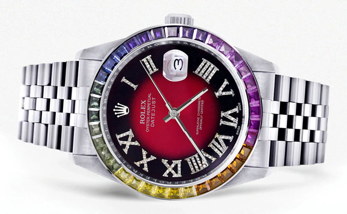 Diamond Gold Rolex Watch For Men 16200 | 36Mm | Rainbow Sapphire Bezel | Red Black Roman Numeral Dial | Jubilee Band - Image 2