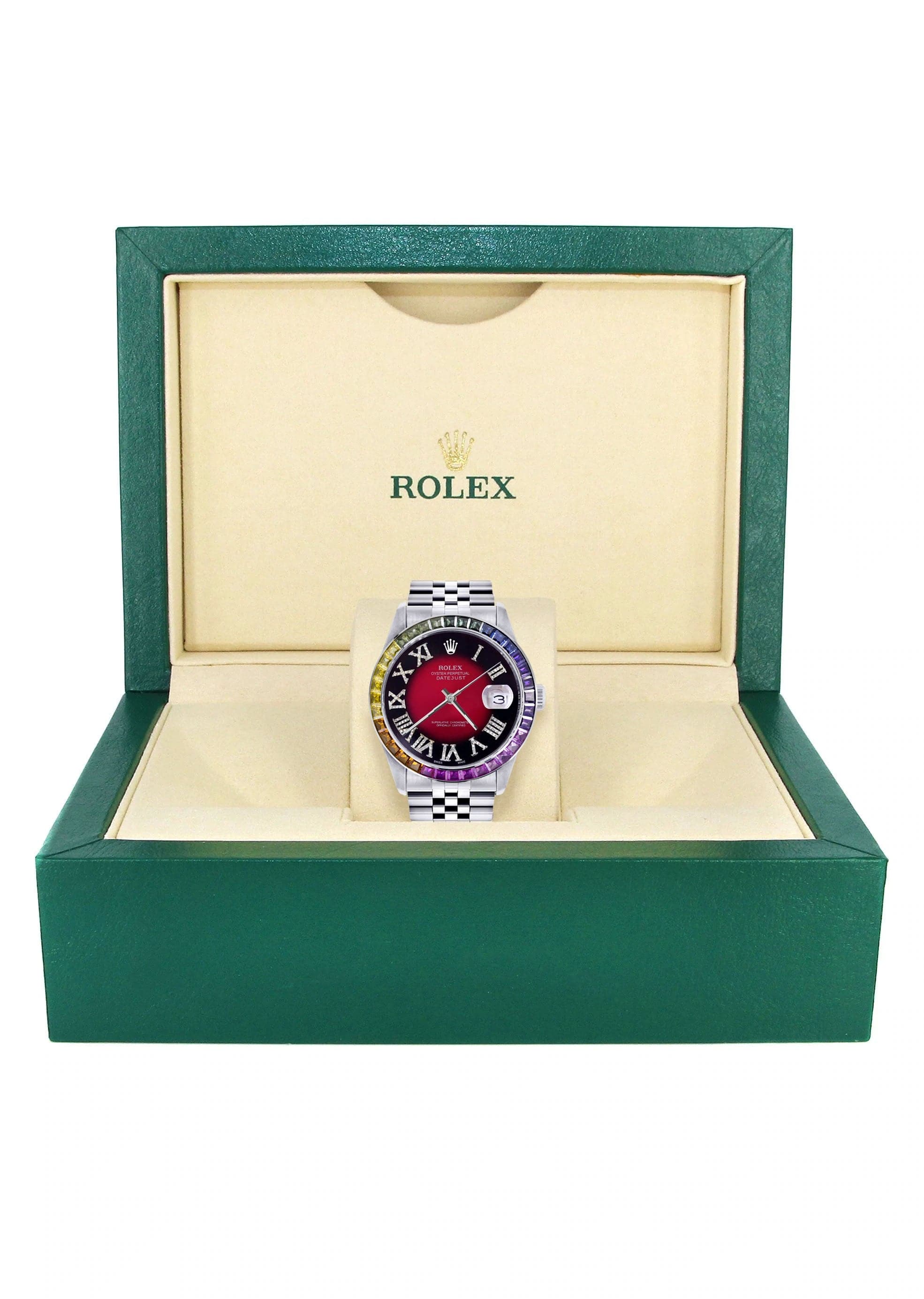Diamond Gold Rolex Watch For Men 16200 | 36Mm | Rainbow Sapphire Bezel | Red Black Roman Numeral Dial | Jubilee Band - Image 4