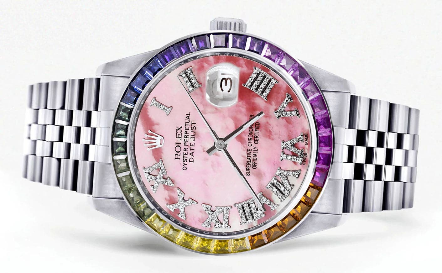 Diamond Gold Rolex Watch For Men 16200 | 36Mm | Rainbow Sapphire Bezel | Pink Mother Of Pearl Roman Numeral Dial | Jubilee Band - Image 2
