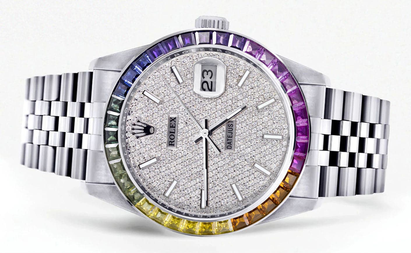 Diamond Gold Rolex Watch For Men 16200 | 36Mm | Rainbow Sapphire Bezel | Iced Out Diamond Dial | Jubilee Band - Image 2