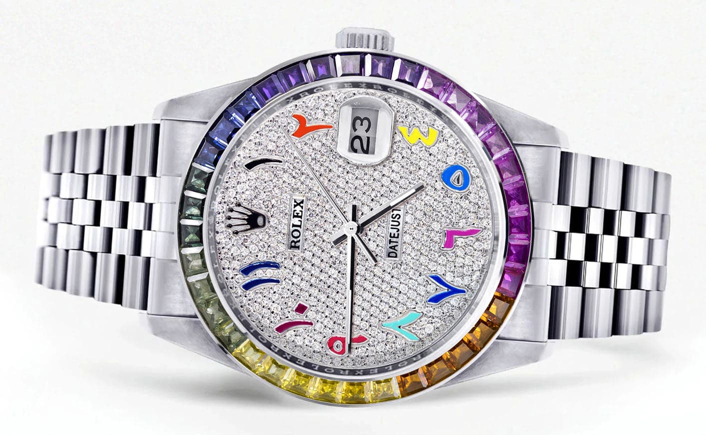 Diamond Gold Rolex Watch For Men 16200 | 36Mm | Rainbow Sapphire Bezel | Rainbow Arabic Numeral Dial | Jubilee Band - Image 2