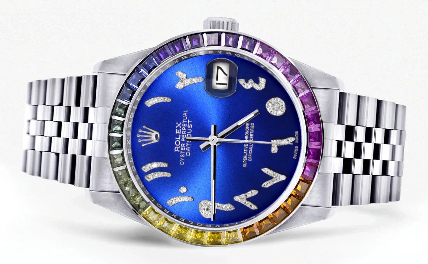 Diamond Gold Rolex Watch For Men 16200 | 36Mm | Rainbow Sapphire Bezel | Blue Arabic Numeral Dial | Jubilee Band - Image 2