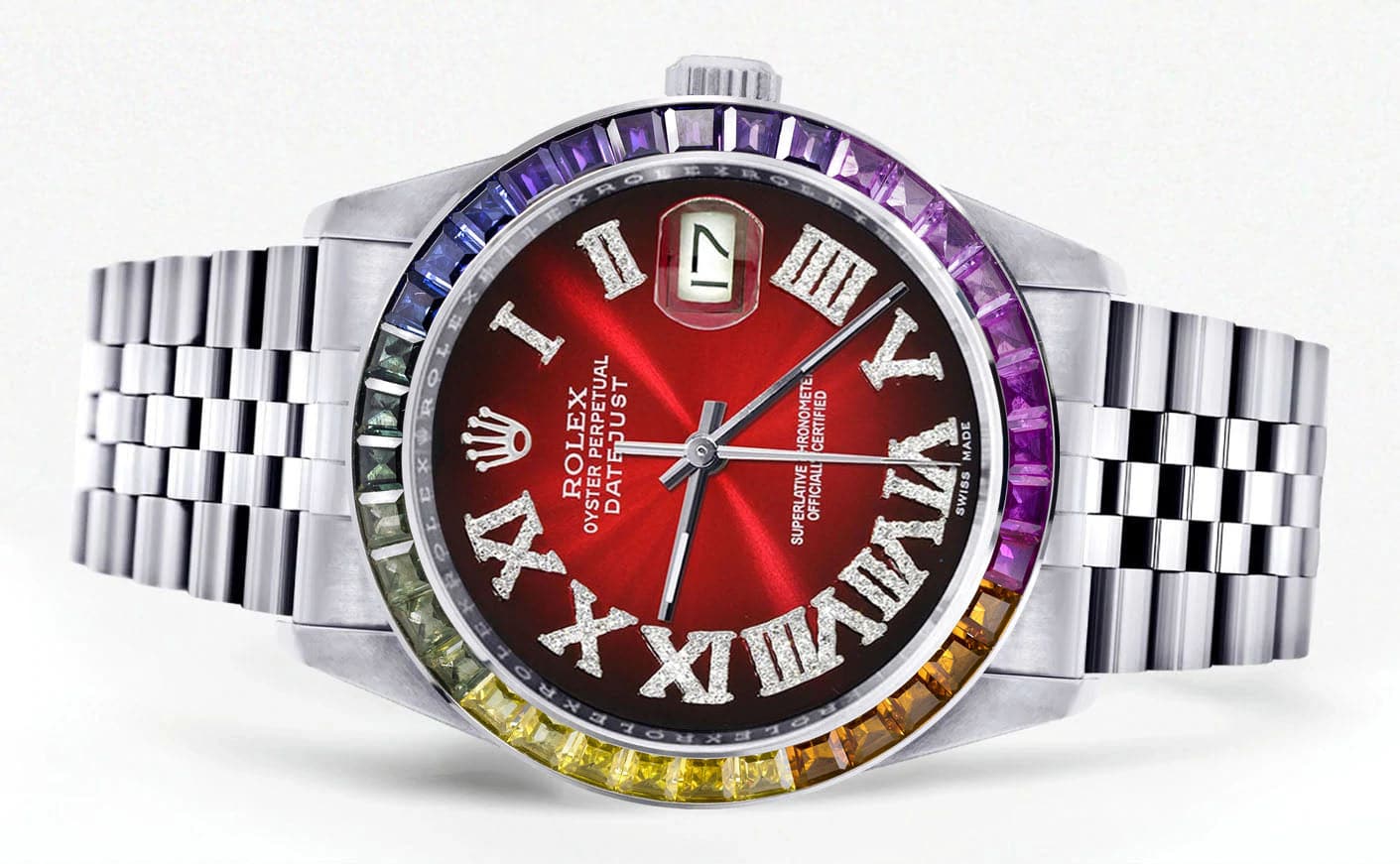 Diamond Gold Rolex Watch For Men 16200 | 36Mm | Rainbow Sapphire Bezel | Red Black Roman Numeral Dial | Jubilee Band - Image 2