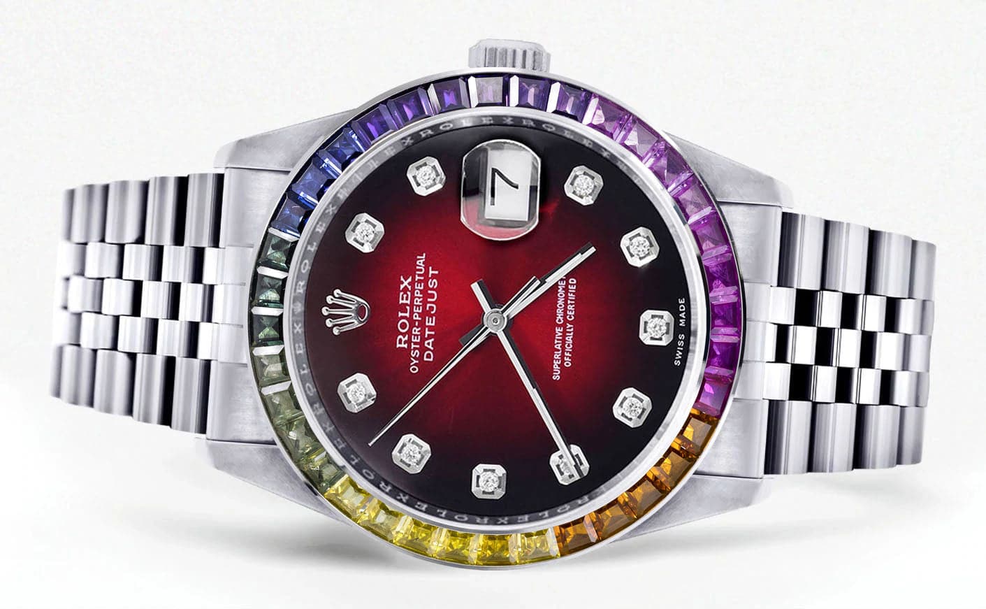 Diamond Gold Rolex Watch For Men 16200 | 36Mm | Rainbow Sapphire Bezel | Red Black Dial | Jubilee Band - Image 2