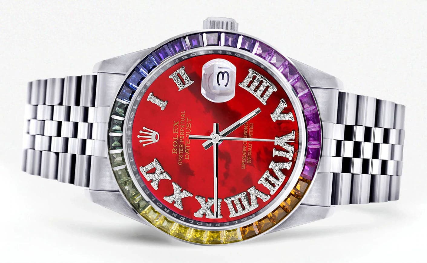 Diamond Gold Rolex Watch For Men 16200 | 36Mm | Rainbow Sapphire Bezel | Red Pearl Roman Numeral Dial | Jubilee Band - Image 2