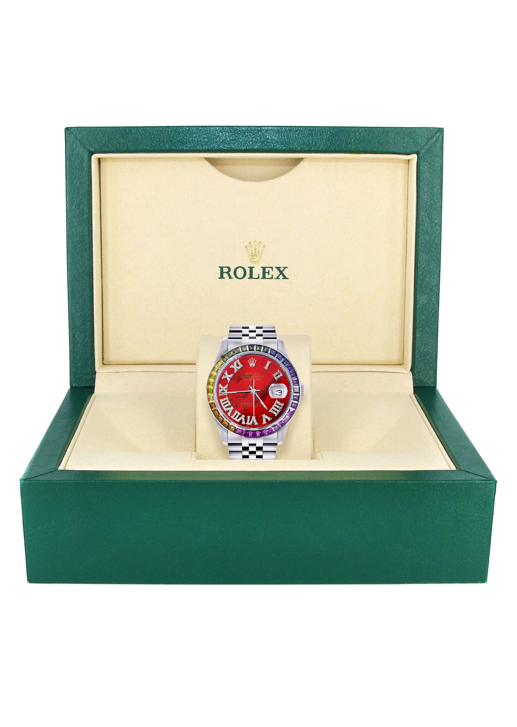 Diamond Gold Rolex Watch For Men 16200 | 36Mm | Rainbow Sapphire Bezel | Red Pearl Roman Numeral Dial | Jubilee Band - Image 4