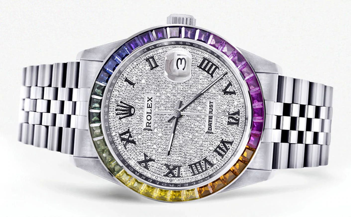 Diamond Gold Rolex Watch For Men 16200 | 36Mm | Rainbow Sapphire Bezel | Iced Out Roman Numeral Dial | Jubilee Band - Image 2