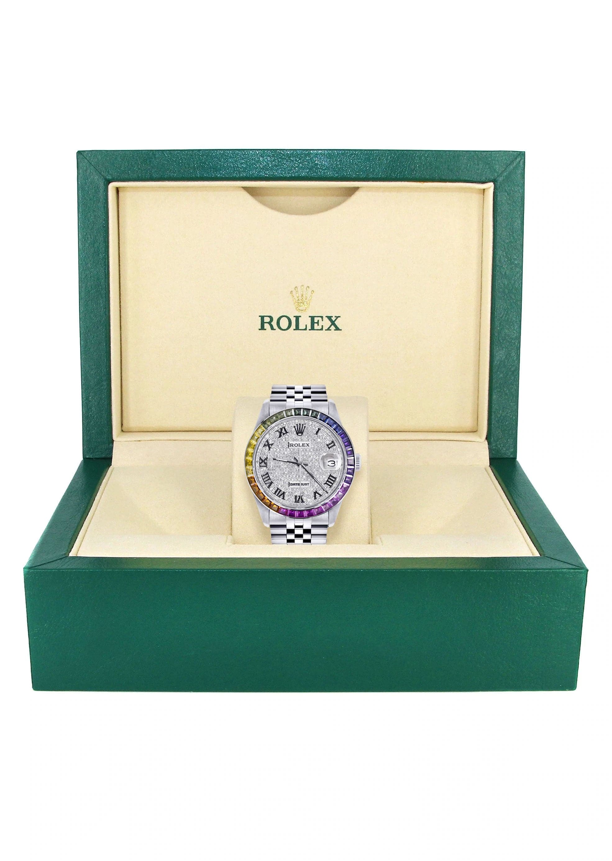 Diamond Gold Rolex Watch For Men 16200 | 36Mm | Rainbow Sapphire Bezel | Iced Out Roman Numeral Dial | Jubilee Band - Image 4