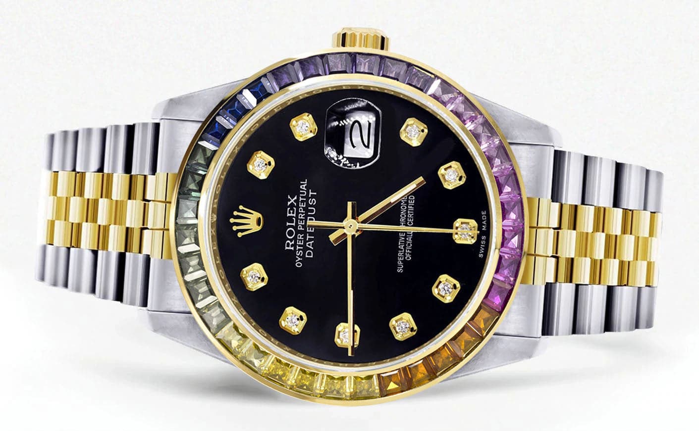 Diamond Gold Rolex Watch For Men 16233 | 36Mm | Rainbow Sapphire Bezel | Black Dial | Jubilee Band - Image 2