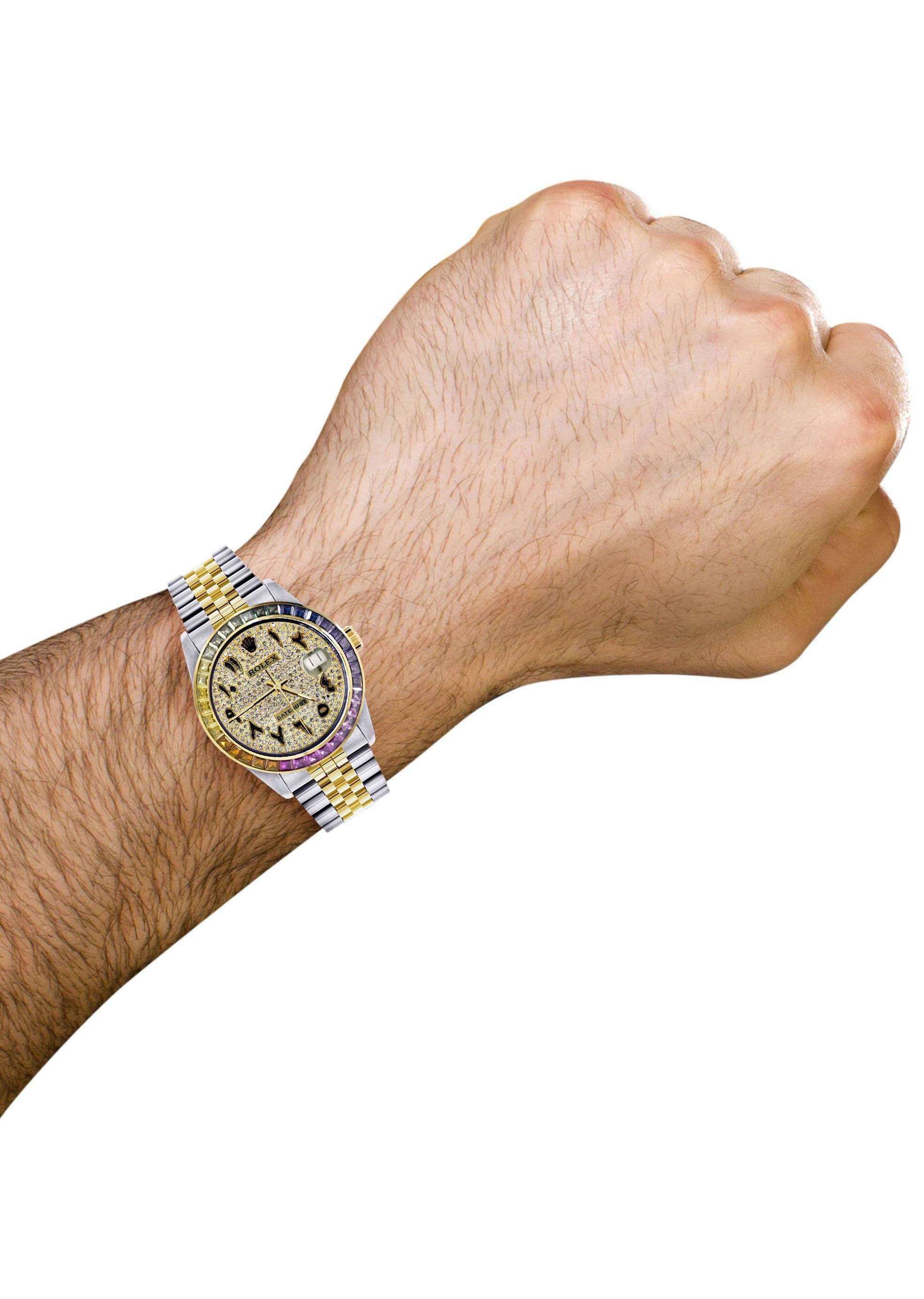 Diamond Gold Rolex Watch For Men 16233 | 36Mm | Rainbow Sapphire Bezel | Iced Out Black Arabic Numeral Dial | Jubilee Band - Image 3