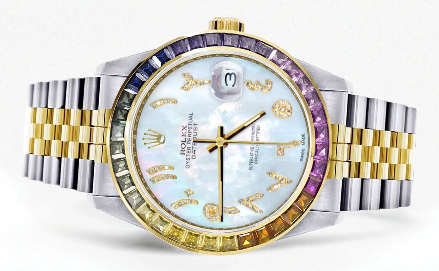 Diamond Gold Rolex Watch For Men 16233 | 36Mm | Rainbow Sapphire Bezel | Diamond Mother Of Pearl Arabic Numeral Dial | Jubilee Band - Image 2