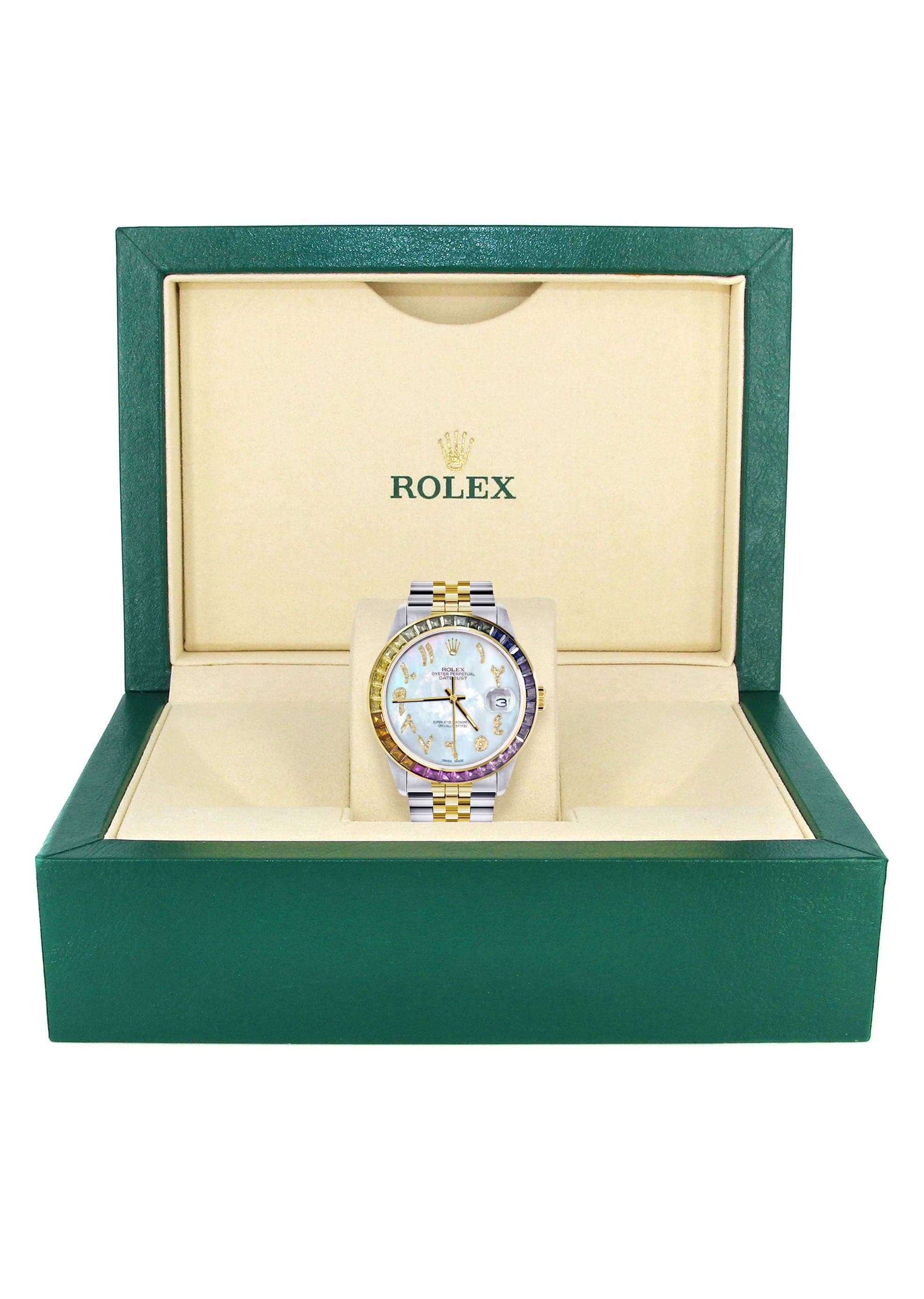 Diamond Gold Rolex Watch For Men 16233 | 36Mm | Rainbow Sapphire Bezel | Diamond Mother Of Pearl Arabic Numeral Dial | Jubilee Band - Image 4